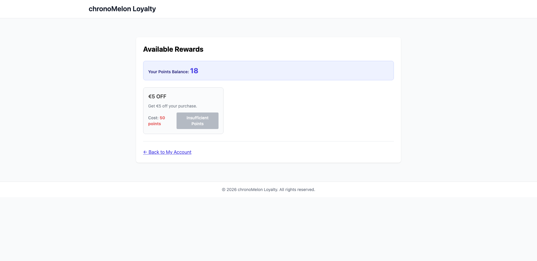 Customer rewards page showing points balance and an available reward card.