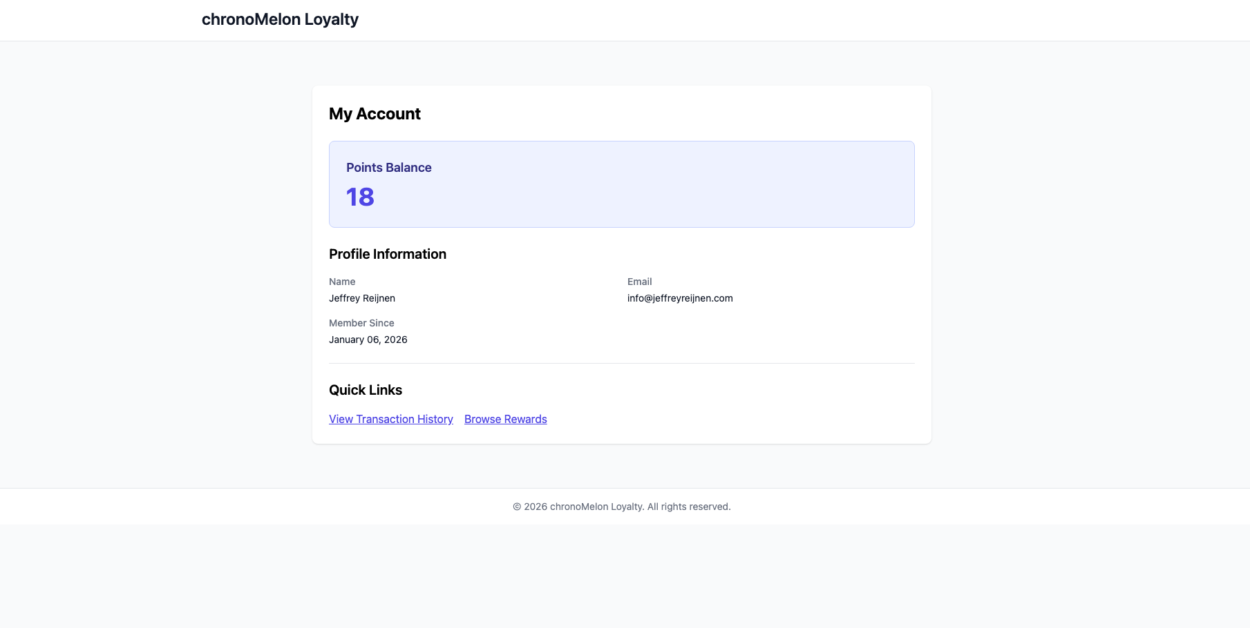 Customer account portal showing points balance, profile information, and quick links.