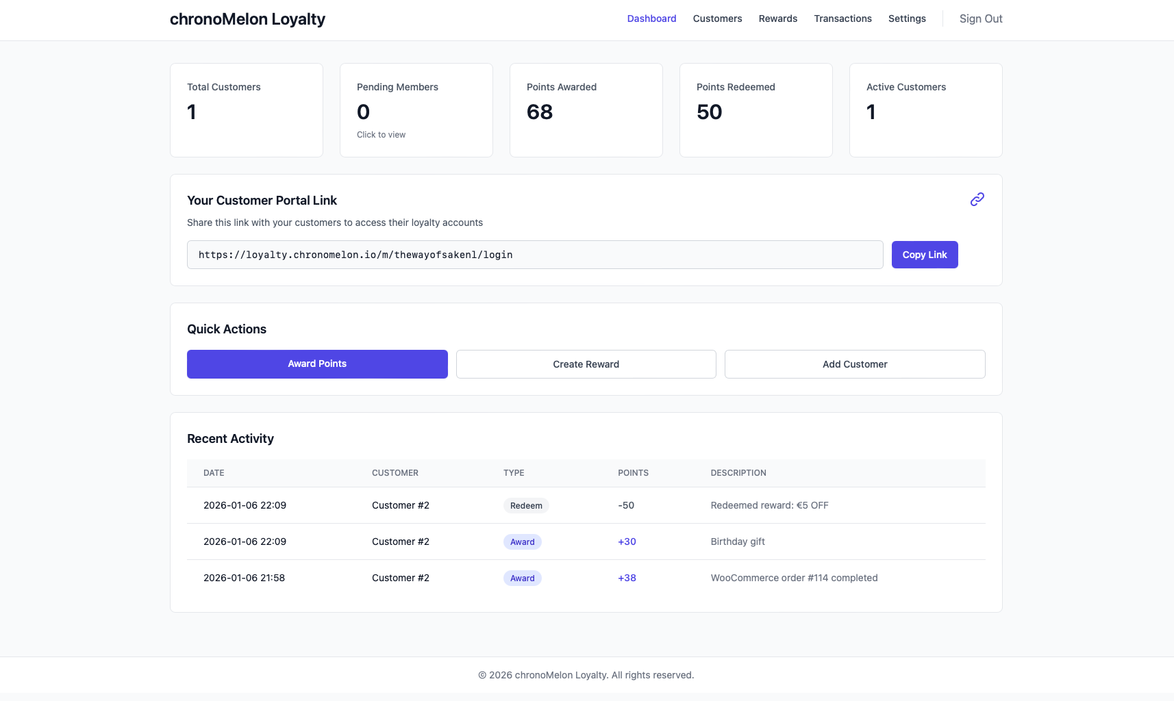 Merchant dashboard with loyalty metrics, customer portal link, quick actions, and recent points activity.