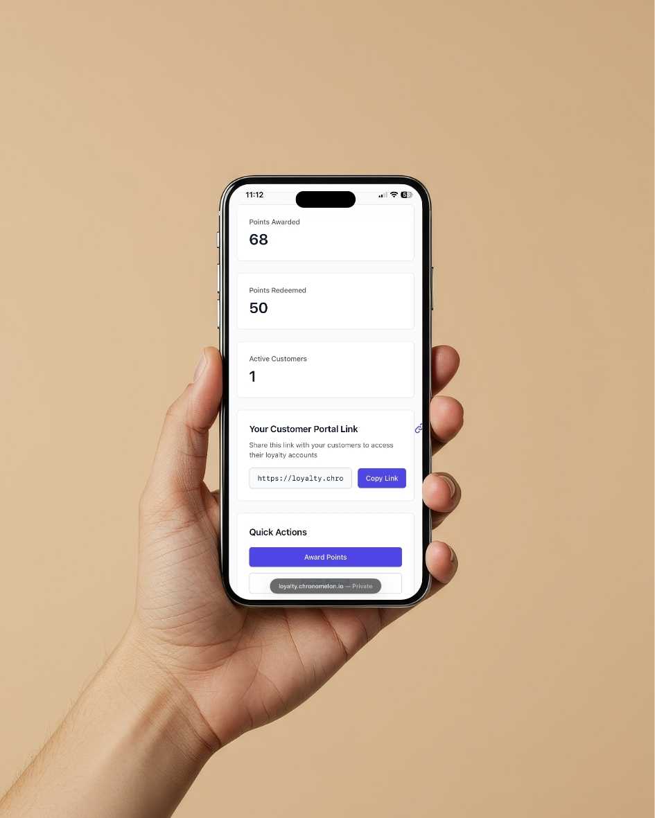 chronoMelon Loyalty mobile dashboard shown on a phone held against a neutral background.