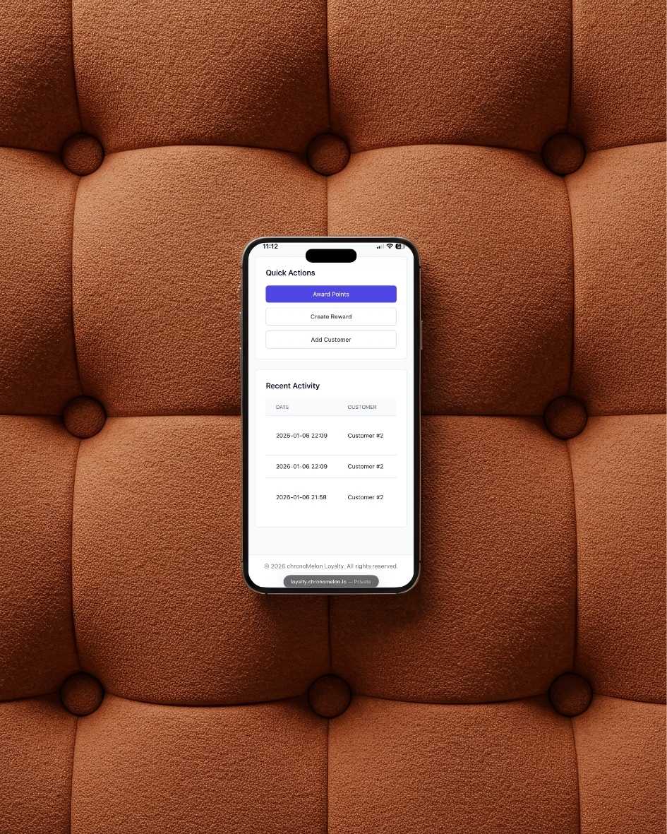 chronoMelon Loyalty quick actions and recent activity shown on a phone against a textured sofa background.
