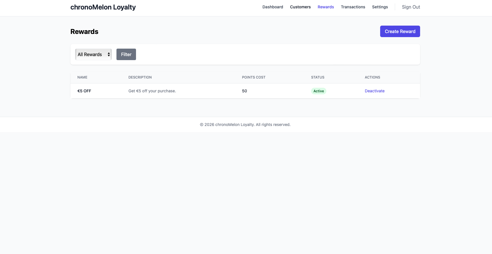Reward management screen showing an active reward, points cost, status, and admin action.