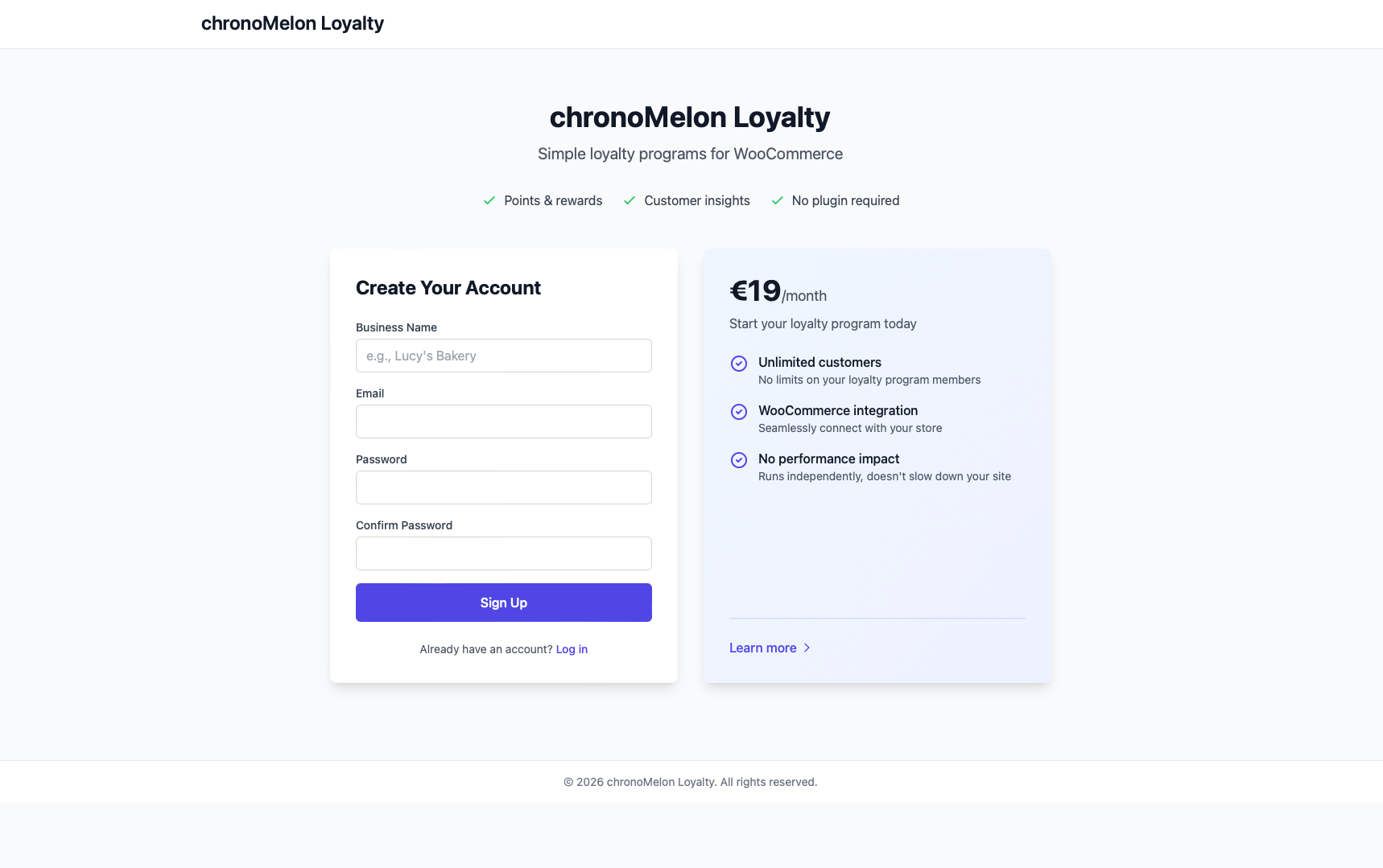 chronoMelon Loyalty signup page with account creation form, monthly pricing, and feature notes.