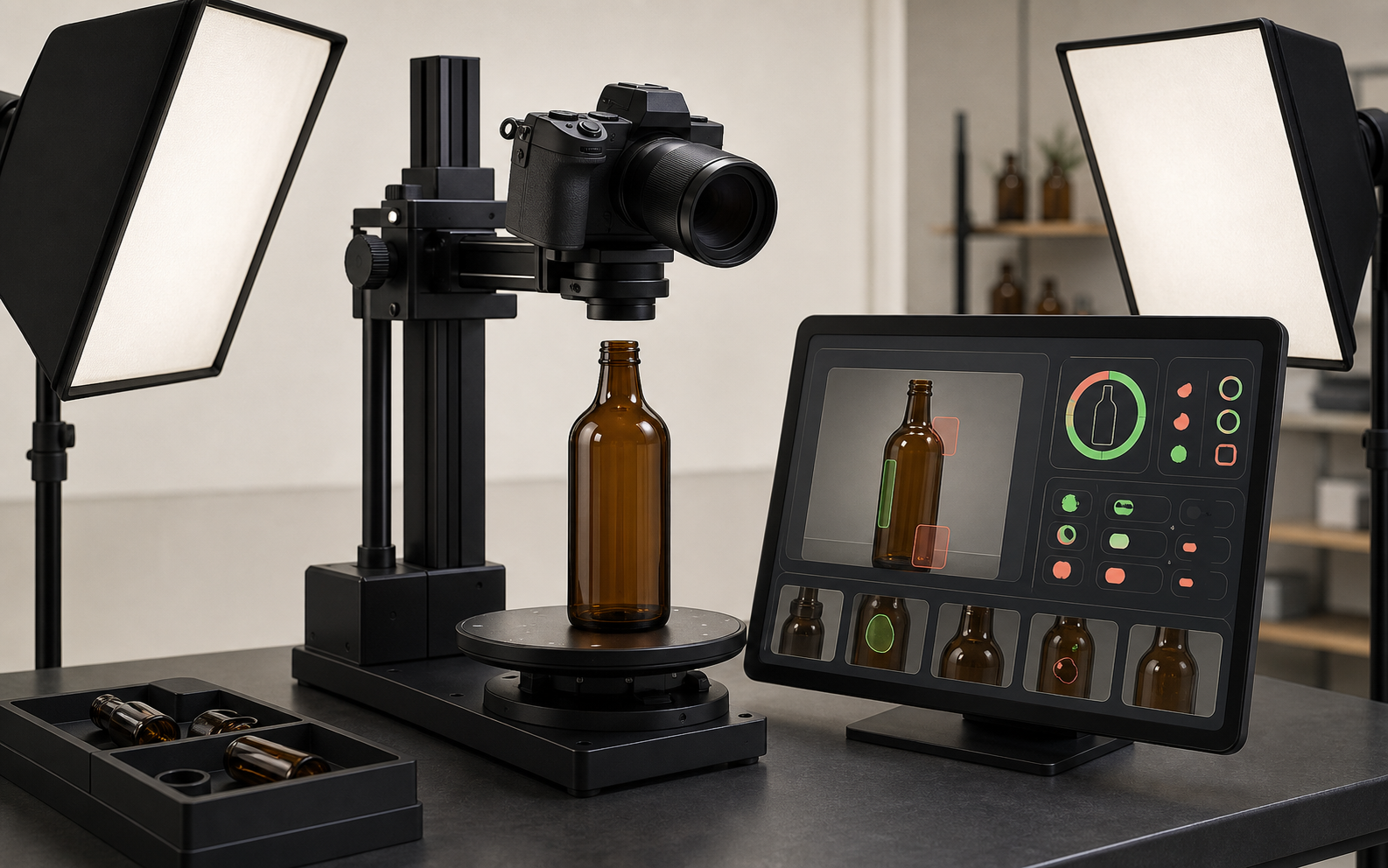 Illustration of a visual inspection station with a mounted camera, controlled lighting, brown glass bottle, and evidence-focused operator screen.