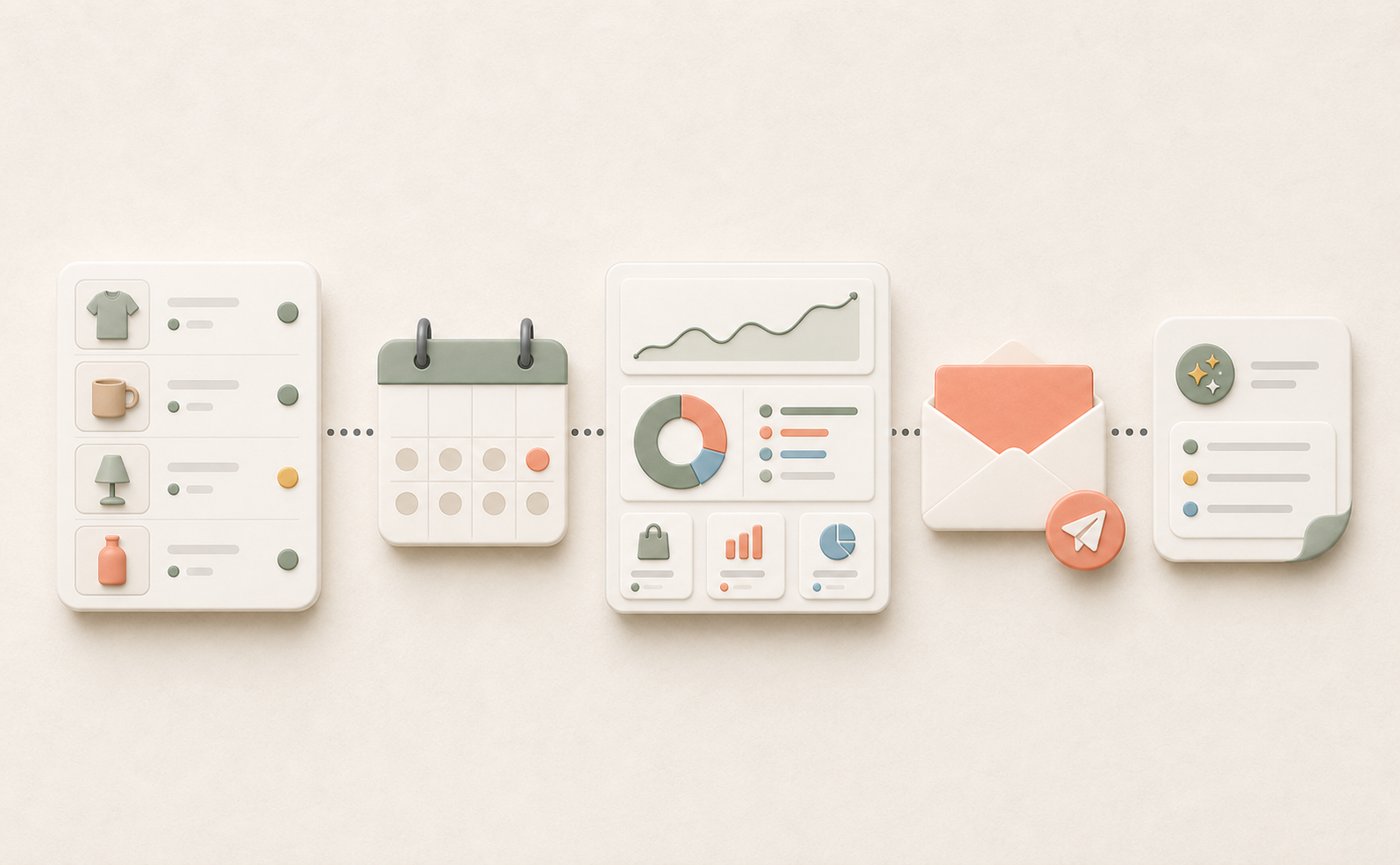 Illustration of ecommerce order data moving through a weekly reporting workflow into an email briefing.