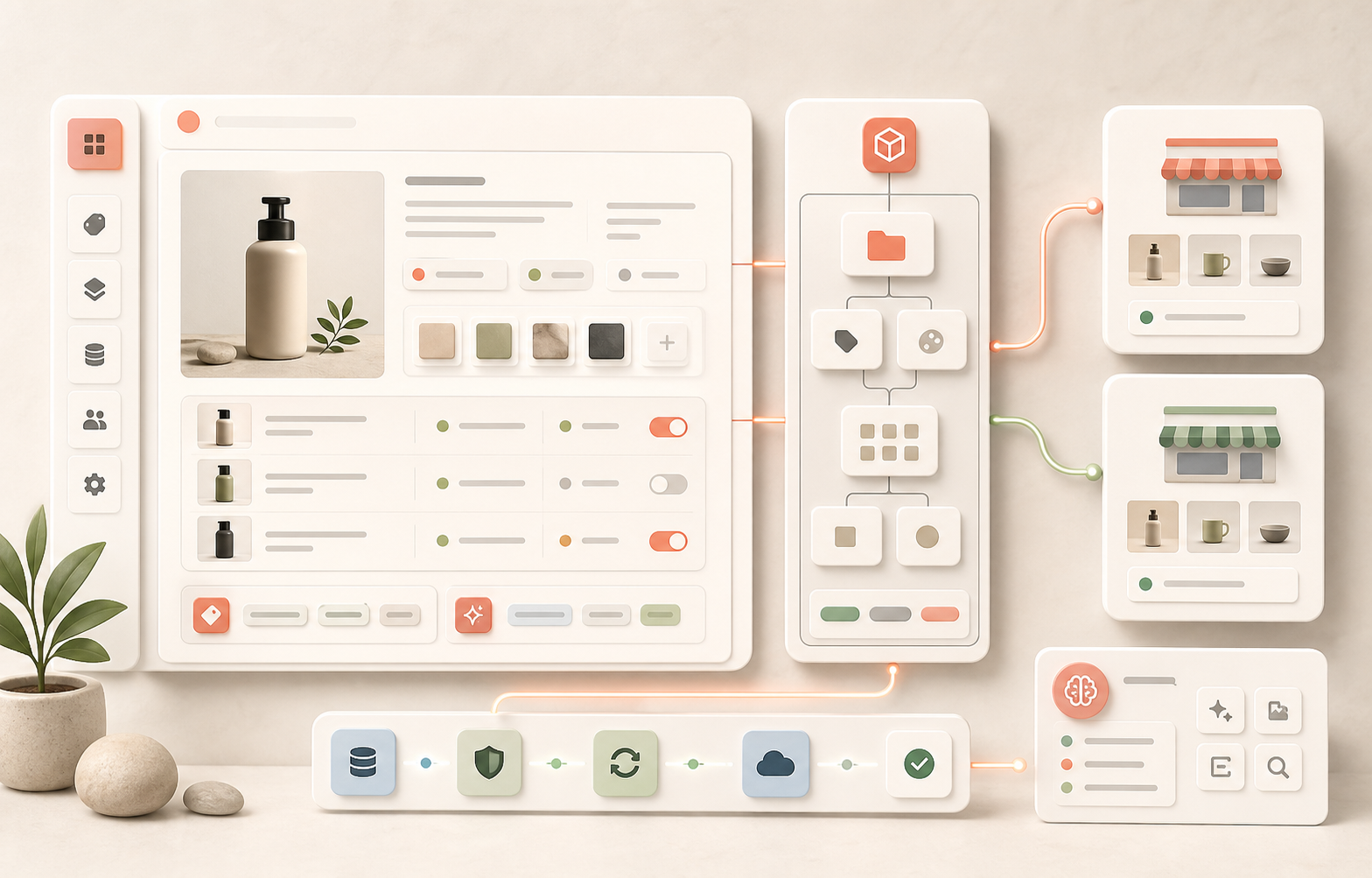 Illustration of a product operations workspace with product data, channel adapters, sync indicators, and AI audit panels.