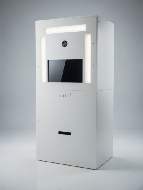 Purimo white photo booth kiosk with camera, screen, lighting, and print slot.