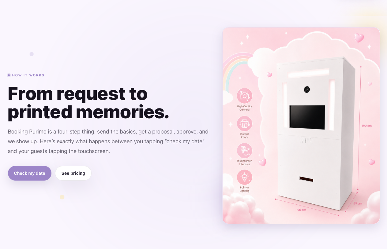 Purimo site section explaining the rental flow from request to printed memories with booth dimensions.