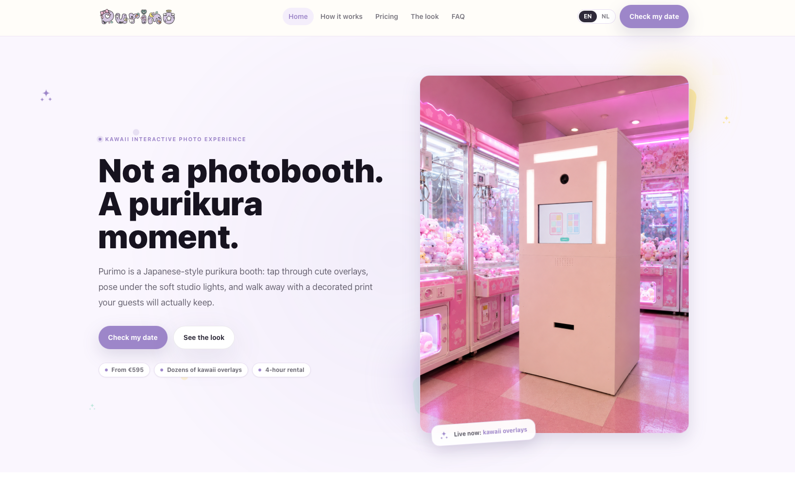 Purimo landing page showing the kawaii photo booth rental offer and booth imagery.