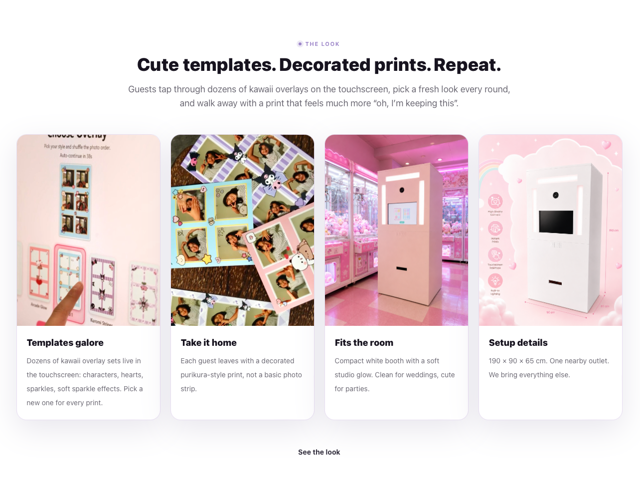 Purimo site section showing template selection, decorated print examples, booth in a room, and setup details.
