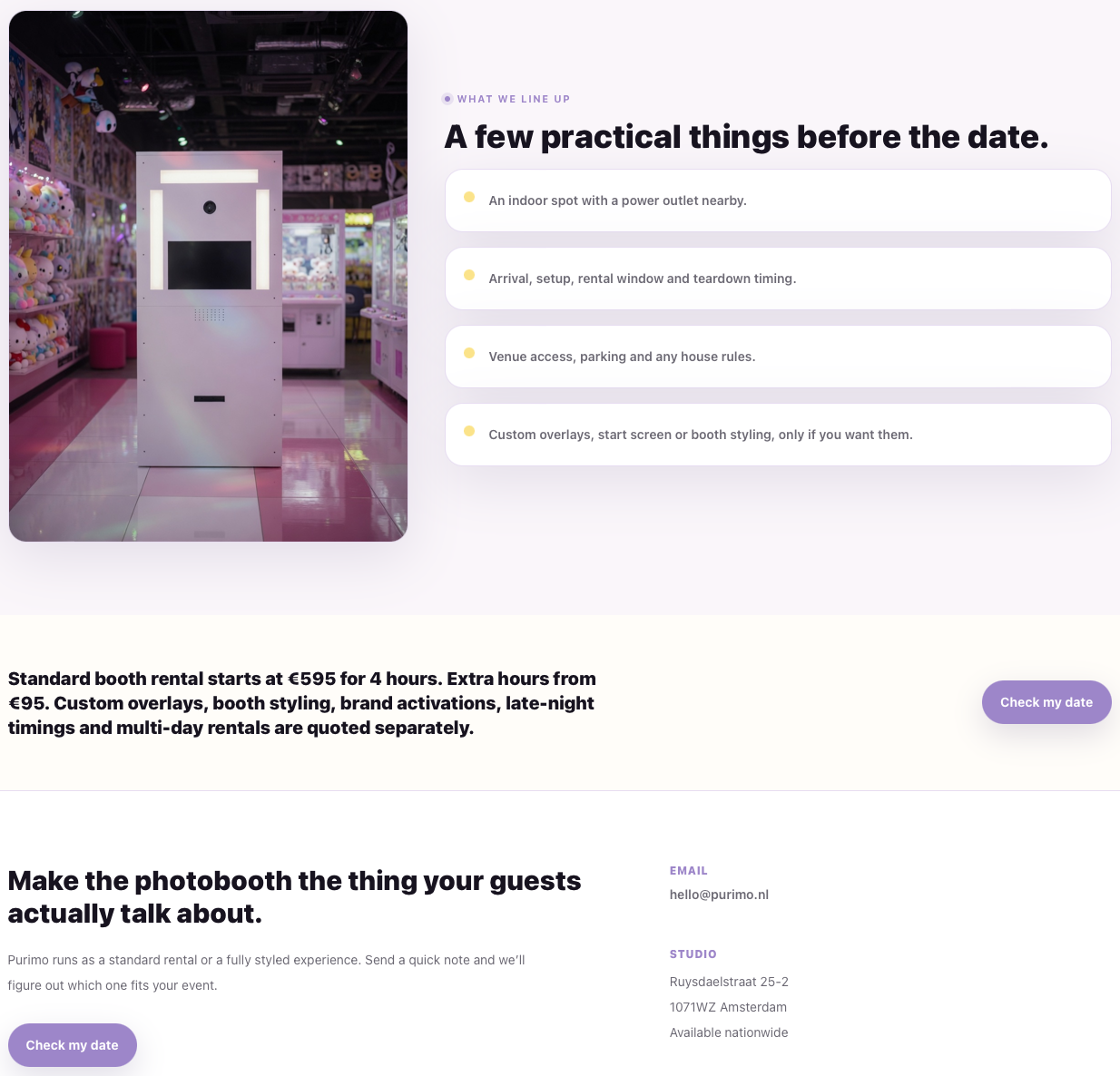 Purimo practical details section with booth placement, setup timing, venue access, and custom overlay notes.