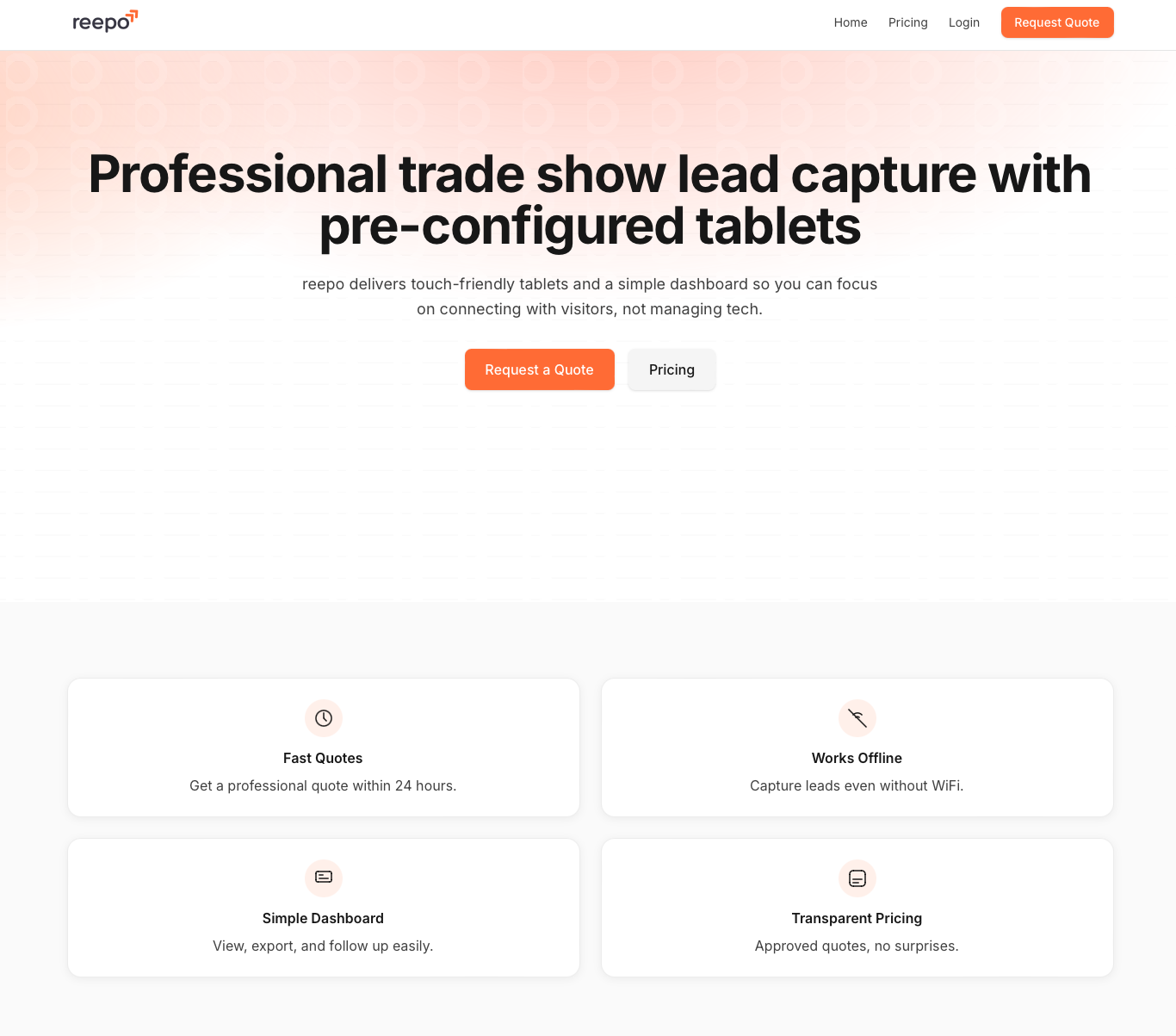Reepo landing page for trade show lead capture with pre-configured tablets.