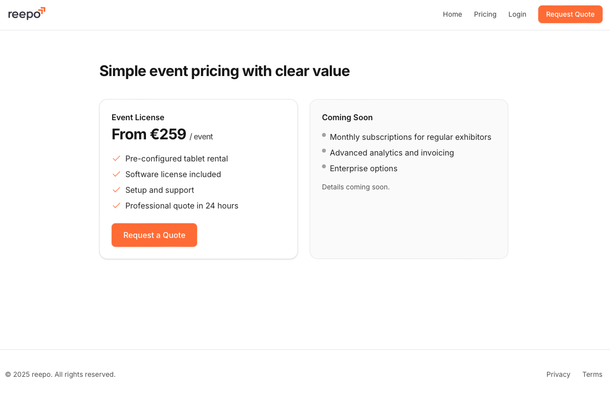 Reepo pricing page with event license pricing and planned subscription options.
