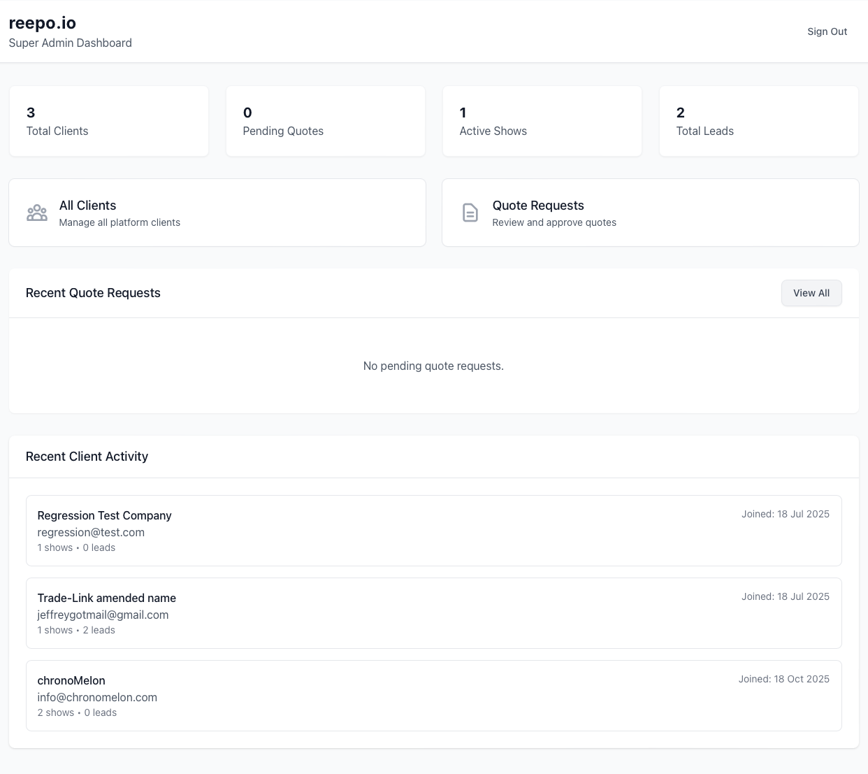 Reepo super admin dashboard with platform stats, quote requests, and client activity.