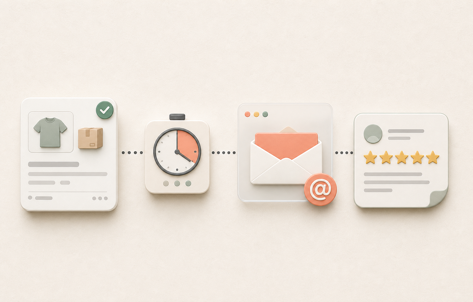 Illustration of an ecommerce order moving through a timed email workflow into a customer review request.